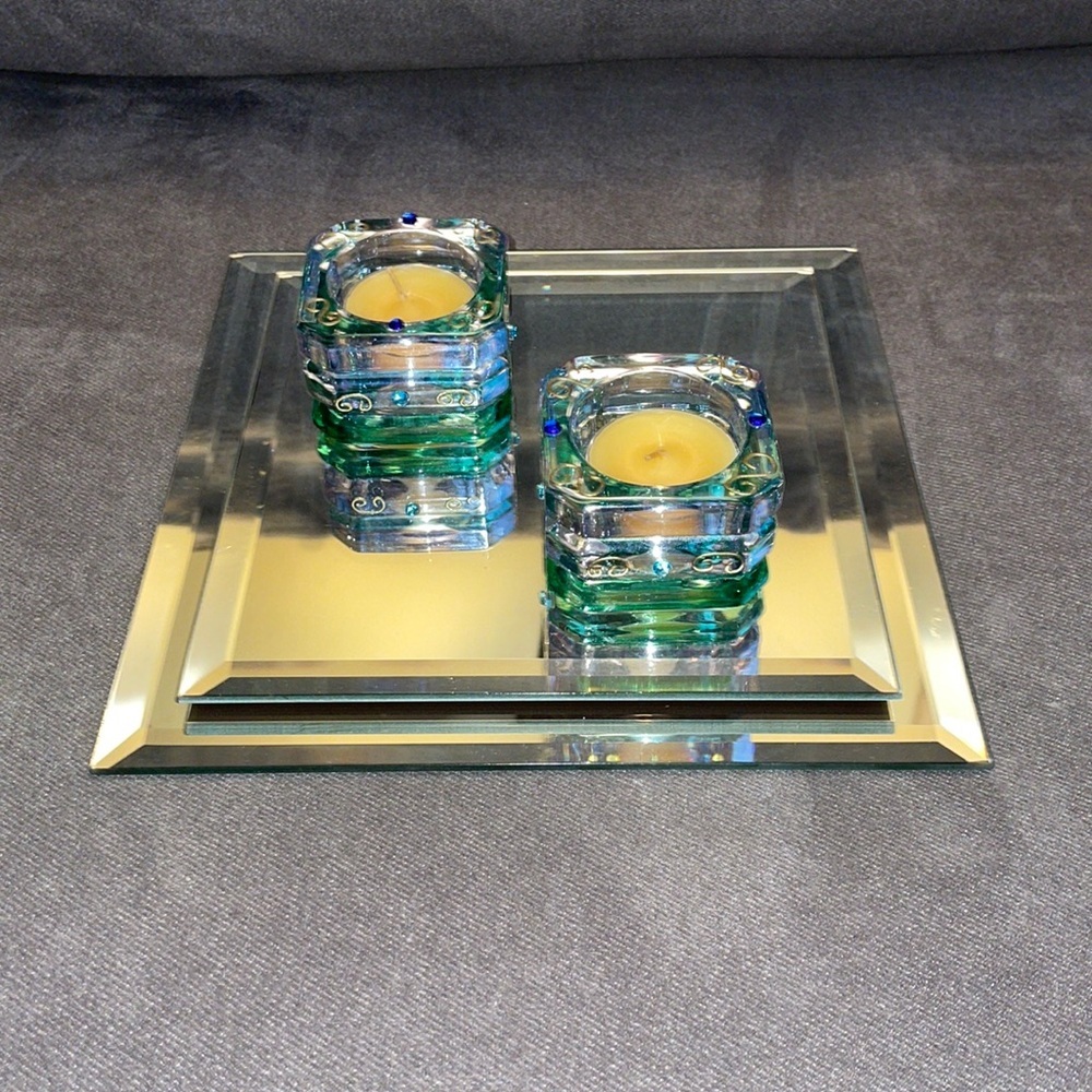 NIB PARTYLITE 2 piece beveled mirrors & Mardi Gras tealight holders. - Picture 1 of 8
